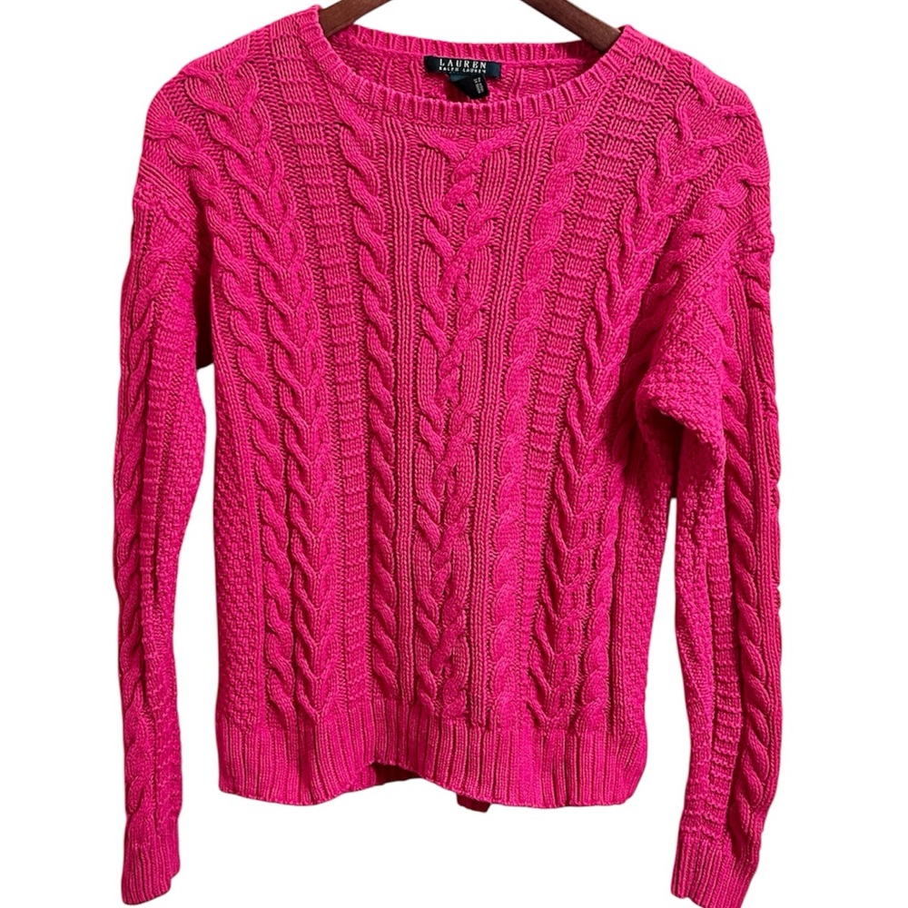 Ralph Lauren Pink Cable Knit Cotton Blend Crew Neck Preppy Academia Sweater